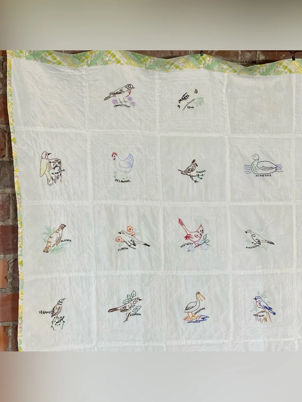 Vintage Embroidered State Bird Quilt 71” x 84”